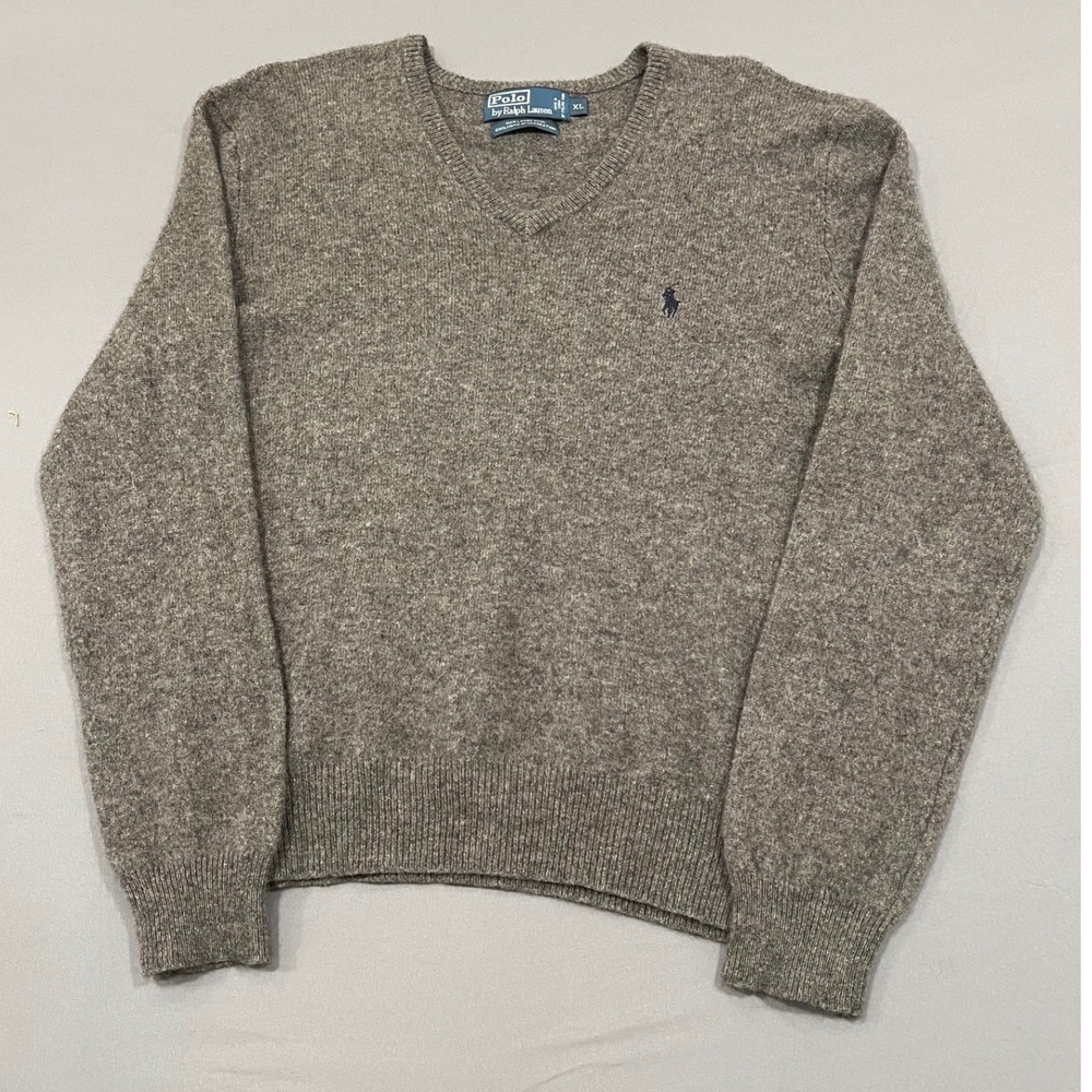 Polo Ralph Lauren Mens XL Lambswool V-Neck Sweater Heather Gray Italian Yarn